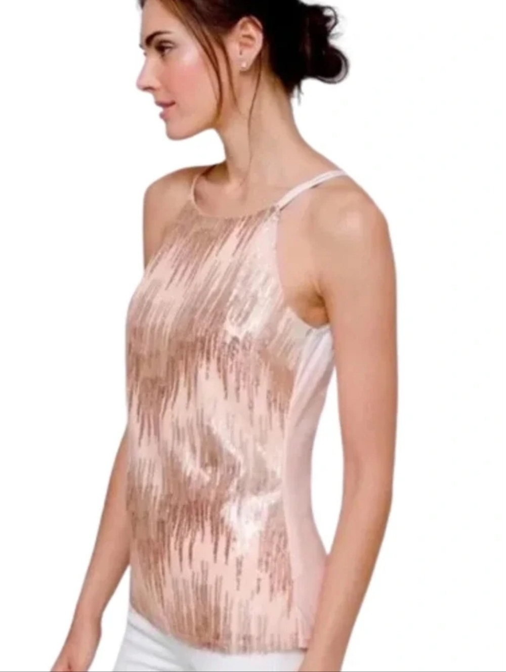 White House Black Market Chevron Sequin Halter In Pale Peach NWT Size Large